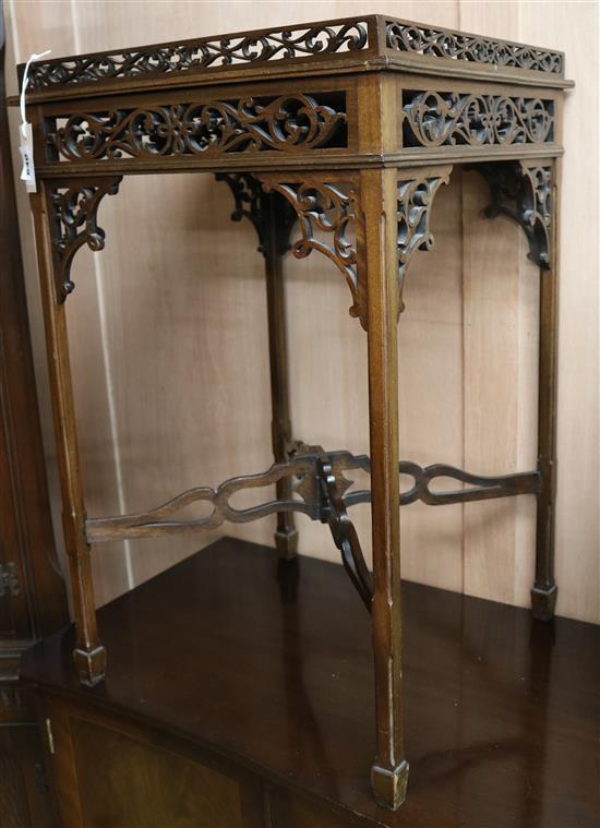 A Georgian style fret-carved mahogany silver table, W.46cm